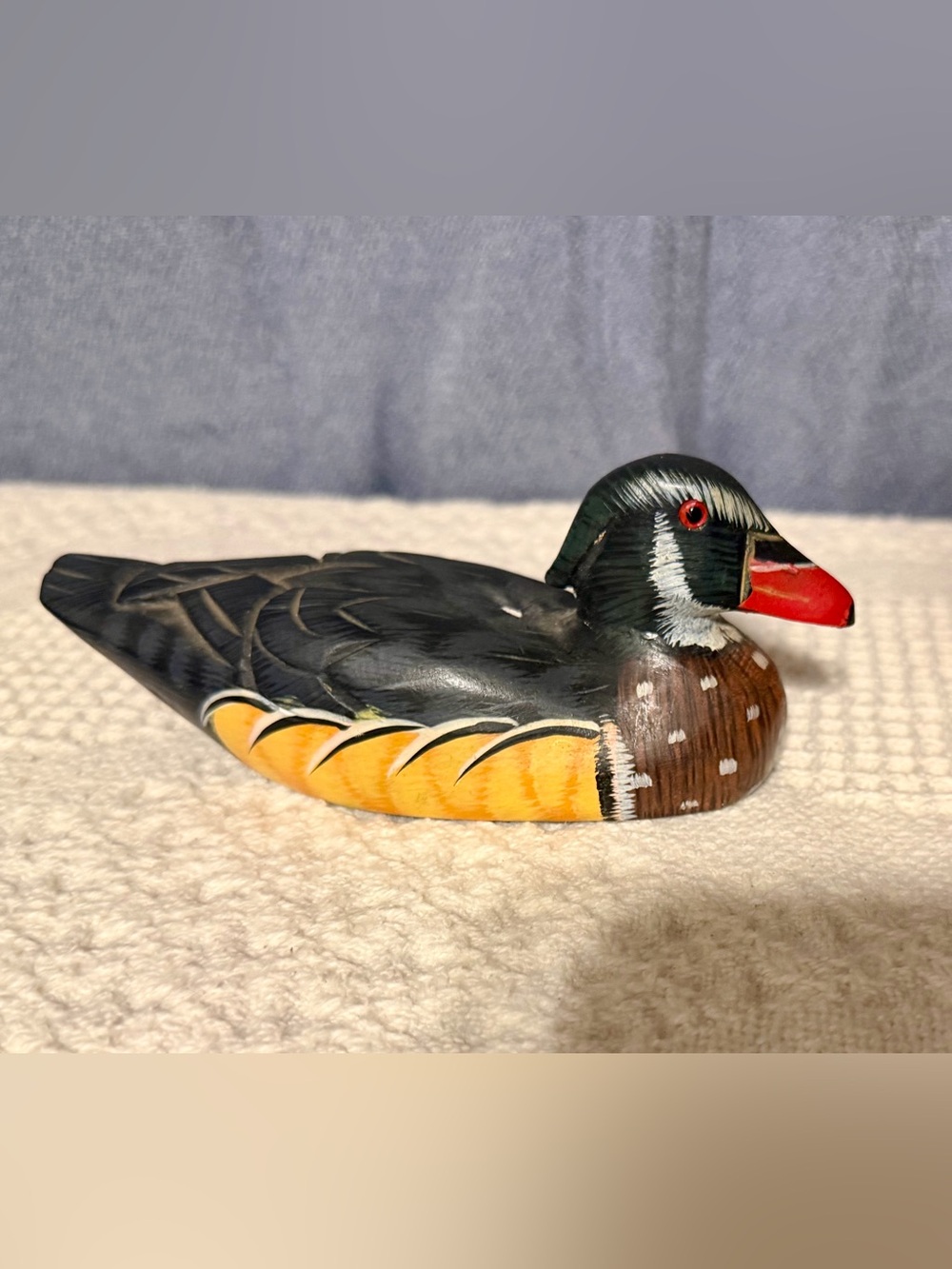 Hand-Painted Decorative Duck Figurine in Black, Yellow, Brown